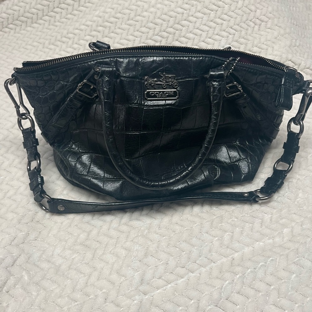 Coach Black Madison Sophia Satchel in black croc-embossed leather